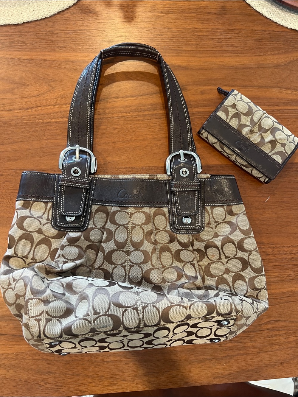 Coach Brown Signature Canvas Tote with Dark Leather Trim and wallet